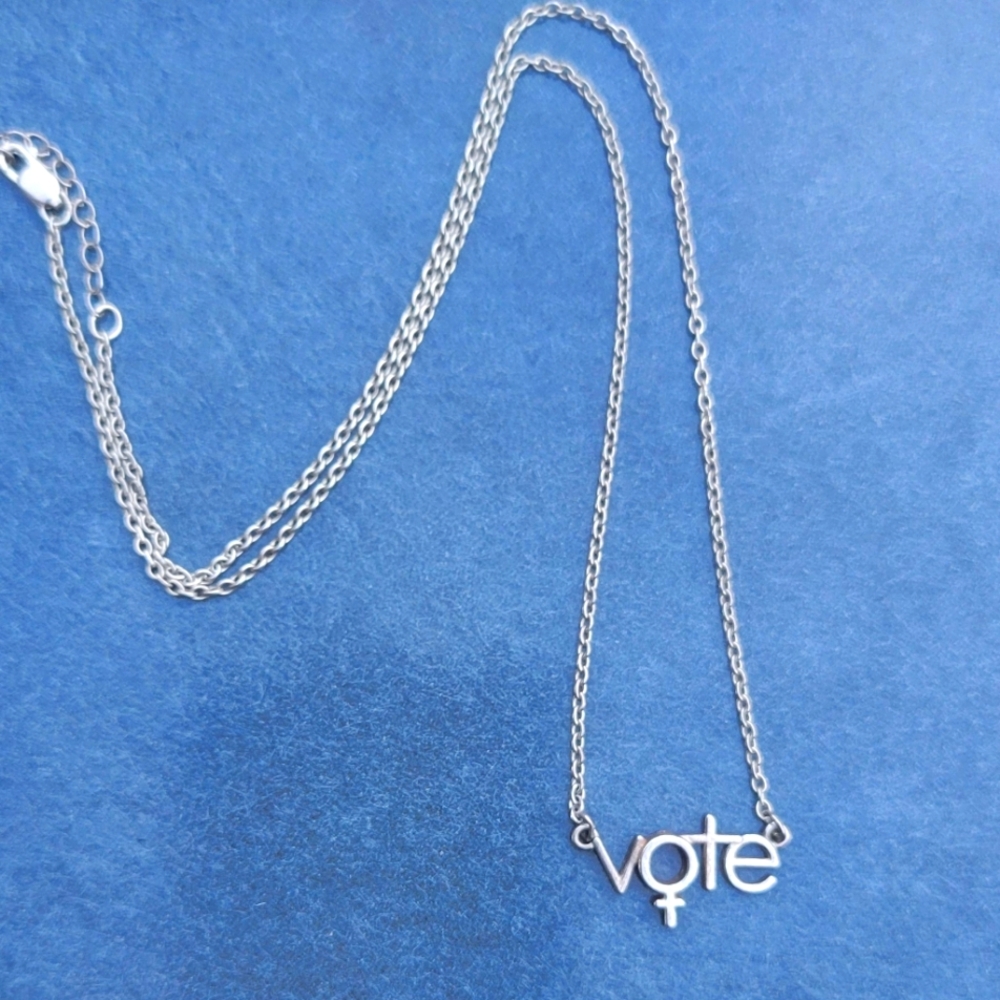 Uncommon Goods sterling silver VOTE necklace